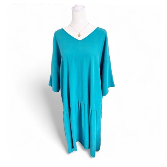 Eileen Fisher Turquoise V-Neck Dress Sz Large Coastal Chic Lightweight Flowy - Picture 3 of 16